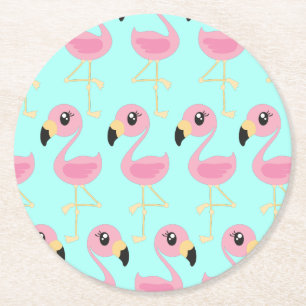 Flamingo Kids Birthday Tropical Round Paper Coaster
