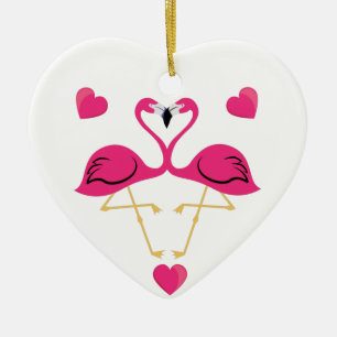 Flamingo Kissing and hearts Ceramic Tree Decoration