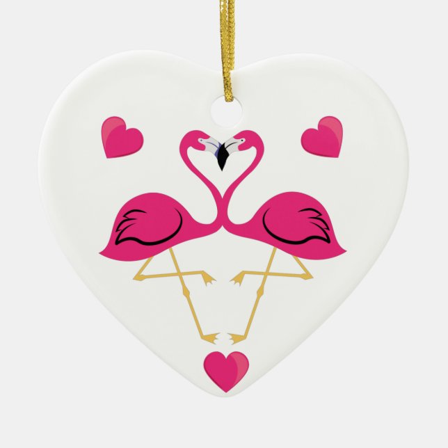 Flamingo Kissing and hearts Ceramic Tree Decoration (Front)