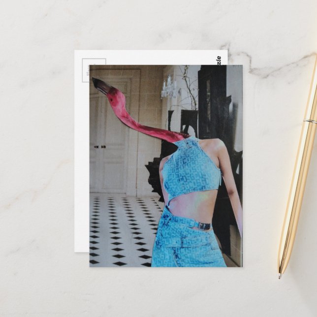 Flamingo Lady in a room surreal collage Postcard (Front/Back In Situ)