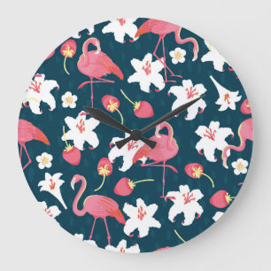 Flamingo Lilies: Tropical Vintage Design. Large Clock