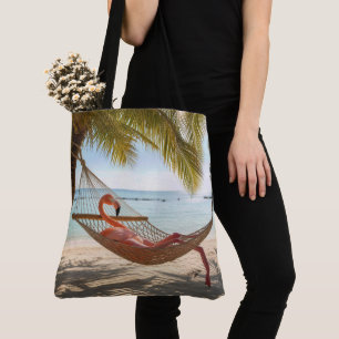 Flamingo Lounging in a Tropical Beach Hammock Tote Bag