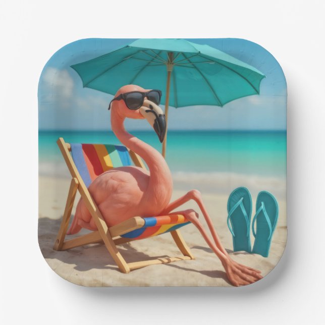 Flamingo Lounging On a Beach Chair  Paper Plate (Front)