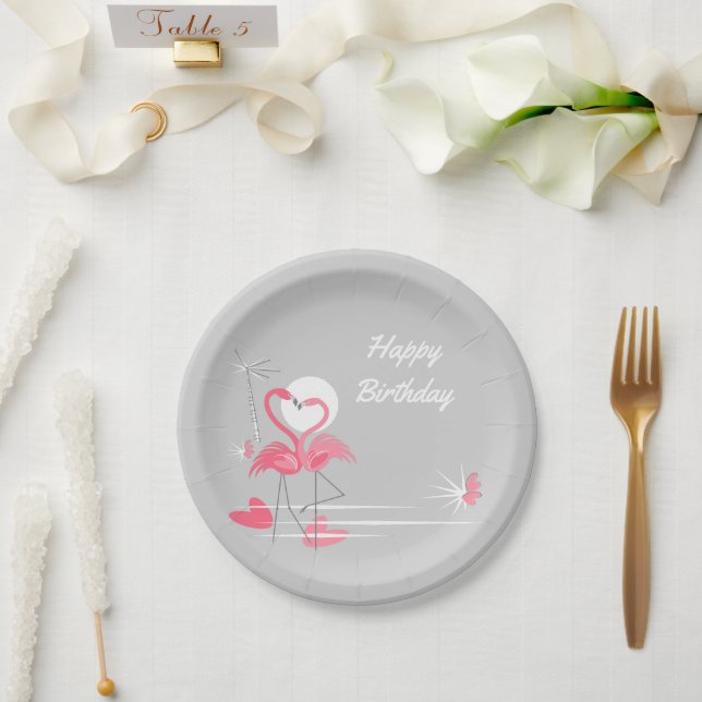 Flamingo Love Happy Birthday paper plates (Wedding)