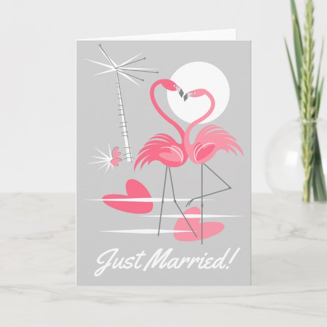 Flamingo Love Just Married! greetings card (Front)