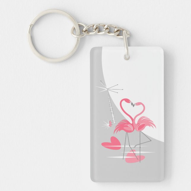 Flamingo Love Large Moon acrylic rectangle Key Ring (Front)