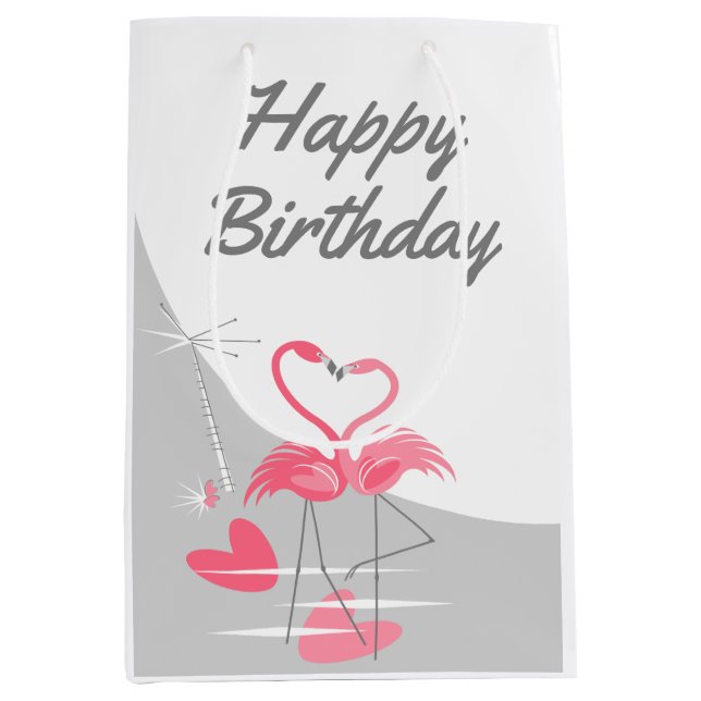 Flamingo Love Large Moon Happy Birthday medium Gift Bag (Front)