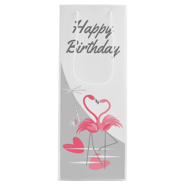Flamingo Love Large Moon Happy Birthday wine Gift Bag (Front)
