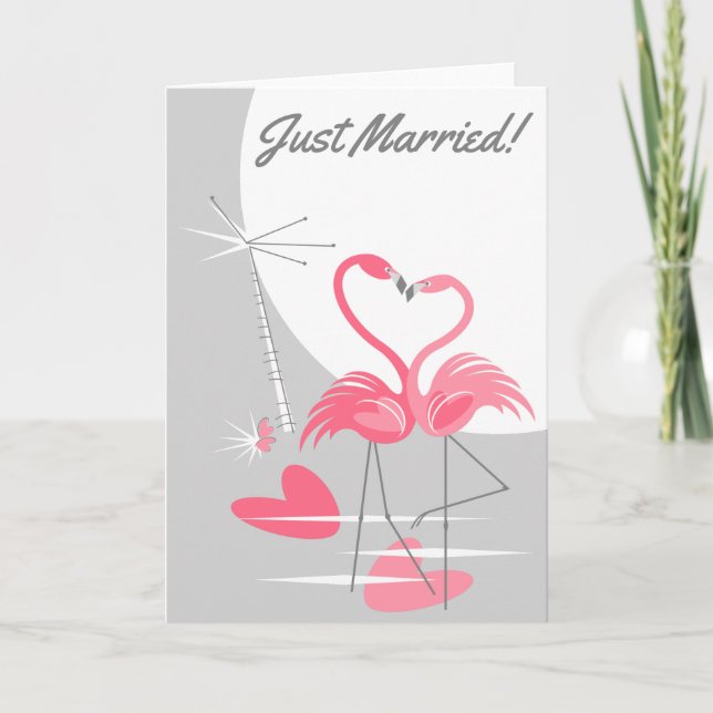 Flamingo Love Large Moon Just Married! Announcement (Front)