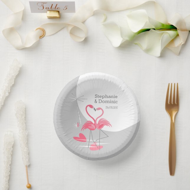 Flamingo Love Large Moon Names Date Paper Plate (Wedding)