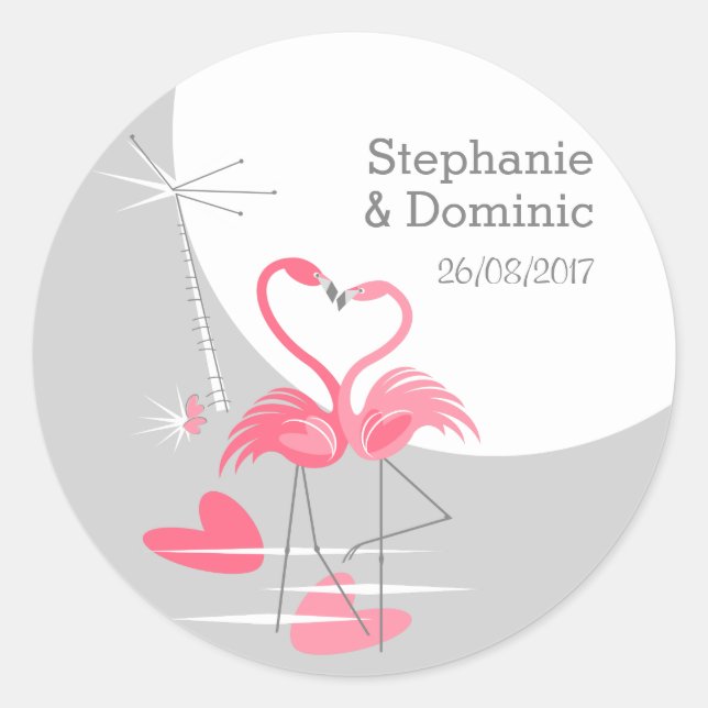 Flamingo Love large Moon Names Date round Classic Round Sticker (Front)