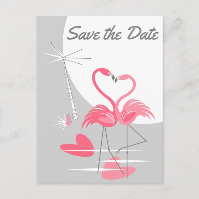 Flamingo Love Large Moon Save the Date postcard (Front)