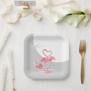 Flamingo Love Large Moon square Paper Plate