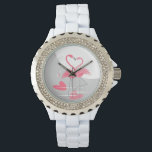 Flamingo Love Large Moon watch<br><div class="desc">A pair of pink flamingos with necks curved to form a heart shape stand in the sea on a moonlit beach. A stylish, romantic design with a retro touch created in a pink, grey and white colour scheme with a colour-change background. A customisable design for you to personalise with your...</div>