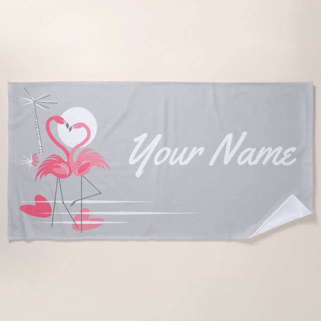 Flamingo Love Name beach towel horizontal (Front)
