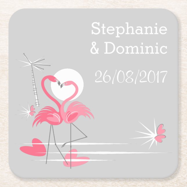 Flamingo Love Names Date coaster square (Front)