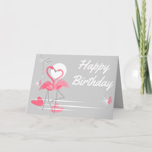 Flamingo Love Side Happy Birthday text inside grey Card (Front)