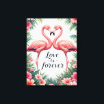 Flamingo Love Tropical Decor<br><div class="desc">Brighten up any space with this stunning flamingo love artwork! Featuring two elegant flamingos forming a heart shape, surrounded by lush tropical leaves and soft pink tones, this design exudes romance and serenity. The phrase “Love Forever” adds a sentimental touch, making it a wonderful choice for anniversaries, weddings, or Valentine’s...</div>