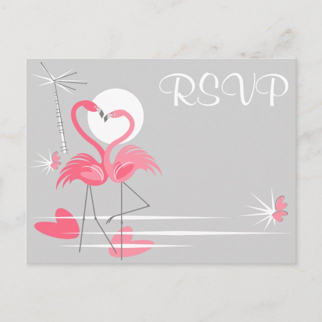 Flamingo Love wedding RSVP landscape postcard (Front)
