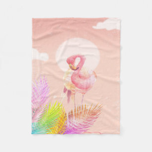 Flamingo Lovers   Cute Flamingo Bird With Leaves Fleece Blanket