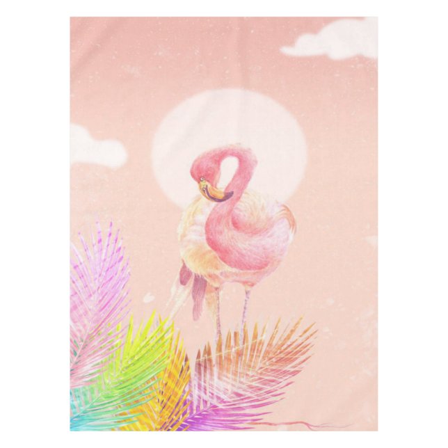 Flamingo Lovers | Cute Flamingo Bird With Leaves Tablecloth (Front)