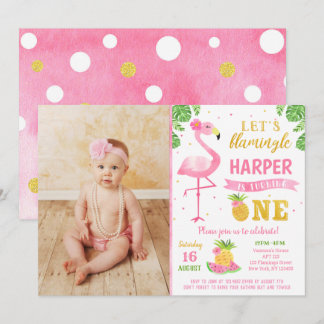 Flamingo Luau First 1st Birthday Party Invitations