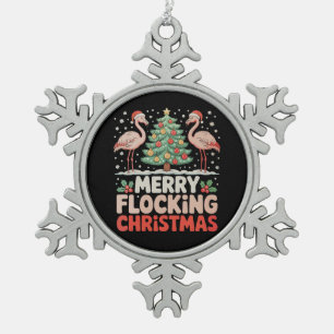 Flamingo Merry Flocking Christmas Funny Xmas Snowflake Pewter Christmas Ornament