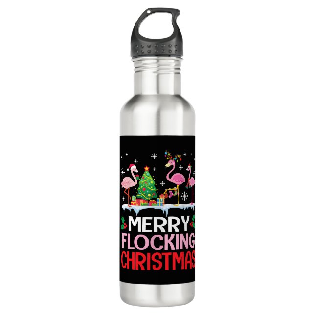Flamingo Noel Hats Dancing On Snow Merry Flocking 710 Ml Water Bottle (Front)
