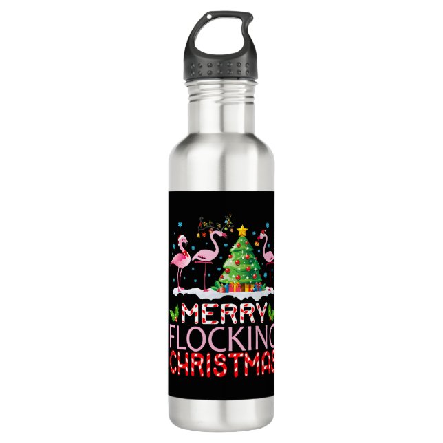 Flamingo Noel Hats Dancing On Snow Merry Flocking  710 Ml Water Bottle (Front)