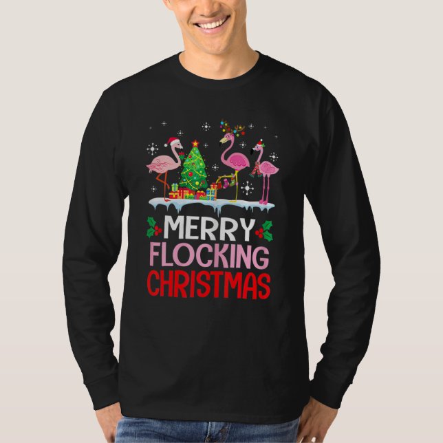 Flamingo Noel Hats Dancing On Snow Merry Flocking  T-Shirt (Front)