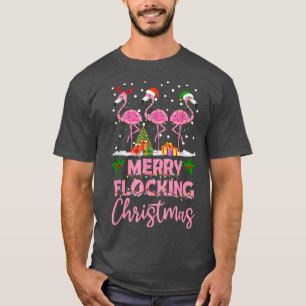 Flamingo Noel Hats Dancing On Snow Merry Flocking T-Shirt