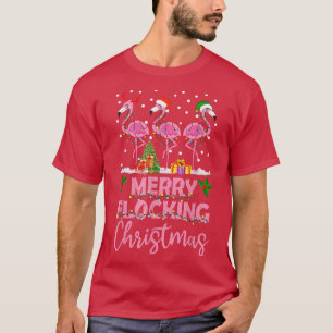 Flamingo Noel Hats Dancing On Snow Merry Flocking T-Shirt