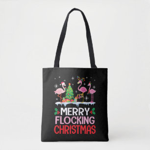 Flamingo Noel Hats Dancing On Snow Merry Flocking Tote Bag