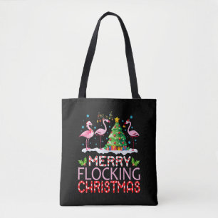 Flamingo Noel Hats Dancing On Snow Merry Flocking Tote Bag