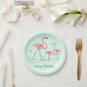 Flamingo Ocean Aqua Trio 2 Happy Birthday Paper Plate