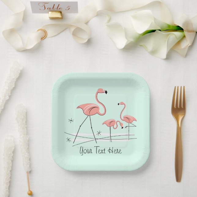 Flamingo Ocean Aqua Trio 2 Text square Paper Plate (Wedding)