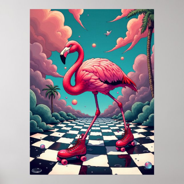 Flamingo on a Dream Roller Rink : Retro Surreal Poster (Front)