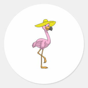Flamingo on Beach with Hat Classic Round Sticker