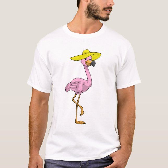 Flamingo on Beach with Hat T-Shirt (Front)
