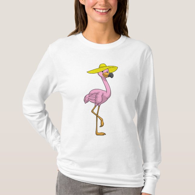 Flamingo on Beach with Hat T-Shirt (Front)