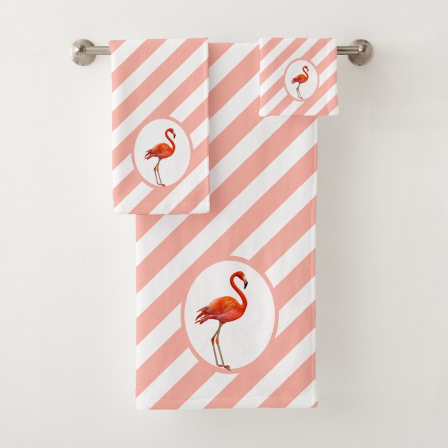 Flamingo on Coral & White Striped Bath Towel Set (Insitu)