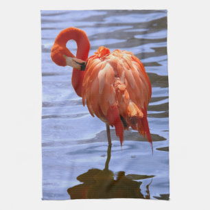 Flamingo on one leg in water tea towel