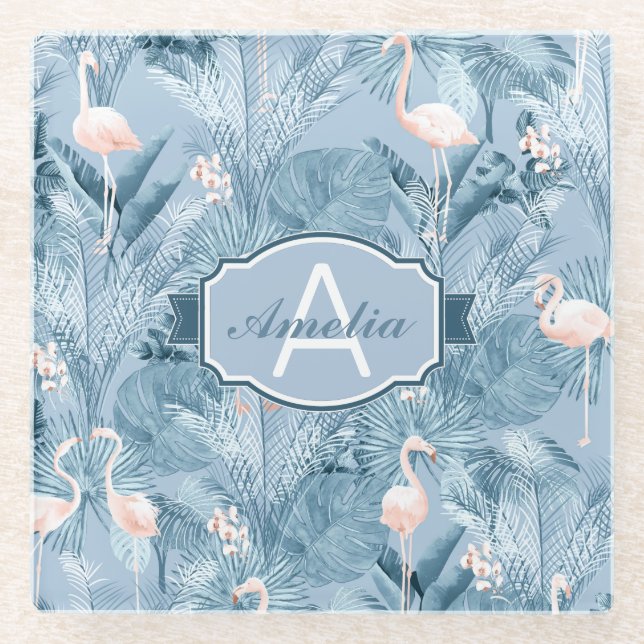 Flamingo Orchid Tropical Pattern Blue ID868 Glass Coaster (Front)