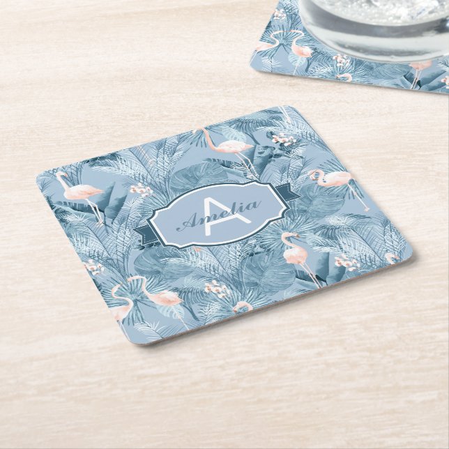 Flamingo Orchid Tropical Pattern Blue ID868 Square Paper Coaster (Angled)