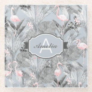 Flamingo Orchid Tropical Pattern Grey ID868 Glass Coaster