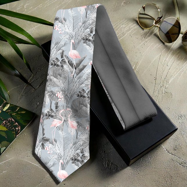 Flamingo Orchid Tropical Pattern Grey ID868 Tie (Creator Uploaded)
