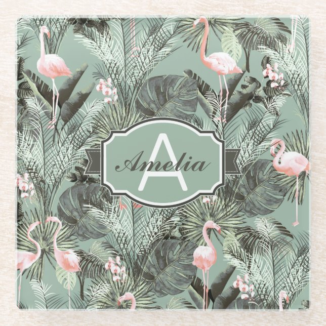 Flamingo Orchid Tropical Pattern Sage ID868 Glass Coaster (Front)