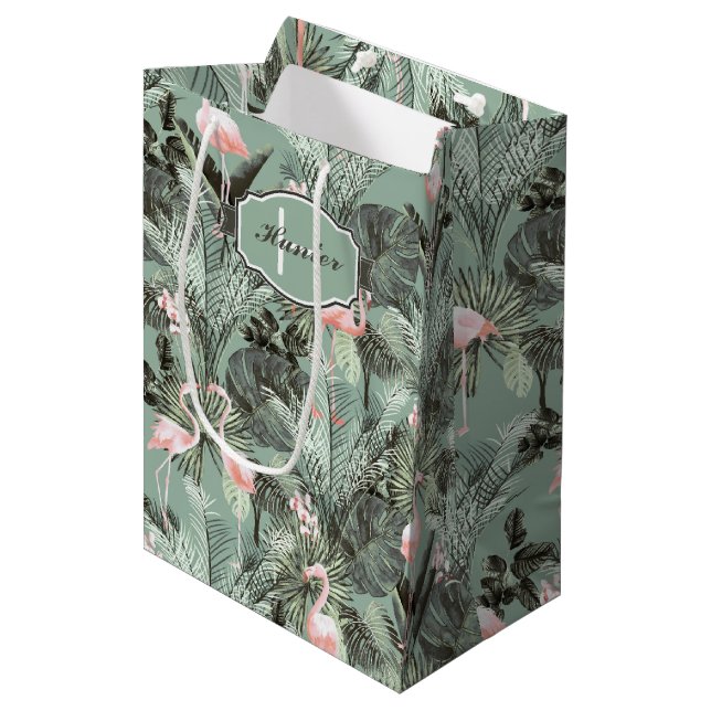 Flamingo Orchid Tropical Pattern Sage ID868 Medium Gift Bag (Front Angled)