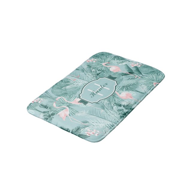Flamingo Orchid Tropical Pattern Teal ID868 Bath Mat (Angled)