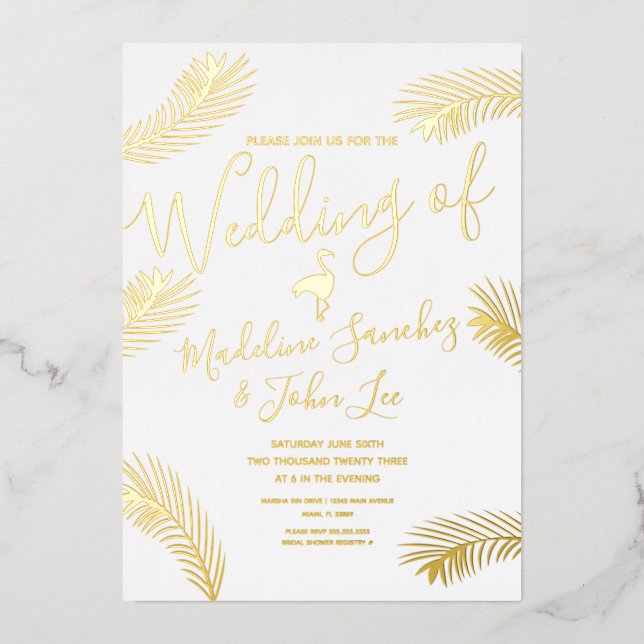 Flamingo Palm   Foil Pressed  Wedding Invitation (Front)